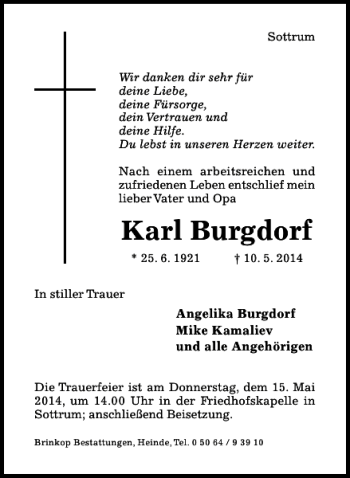 Traueranzeige von Karl Burgdorf von Hildesheimer Allgemeine Zeitung