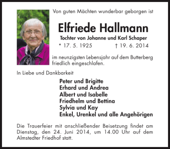 Traueranzeige von Elfriede Hallmann von Hildesheimer Allgemeine Zeitung