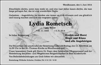 Traueranzeige von Lydia Rometsch von Hildesheimer Allgemeine Zeitung