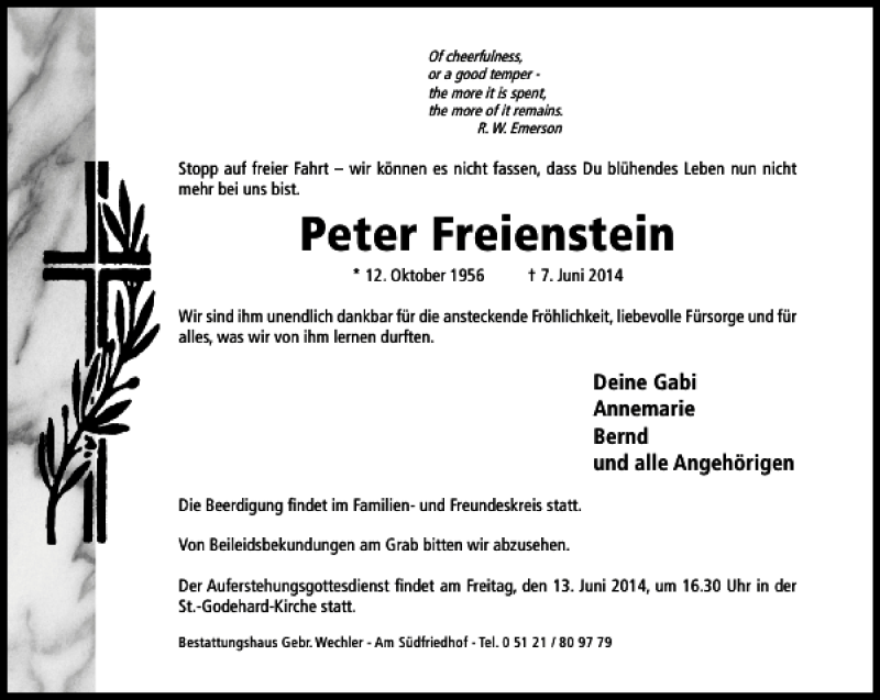  Traueranzeige für Peter Freienstein vom 11.06.2014 aus Hildesheimer Allgemeine Zeitung