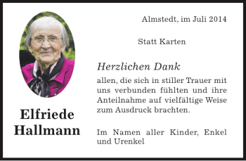 Traueranzeige von Elfriede Hallmann von Hildesheimer Allgemeine Zeitung