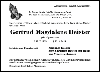 Traueranzeige von Gertrud Magdalene Deister von Hildesheimer Allgemeine Zeitung