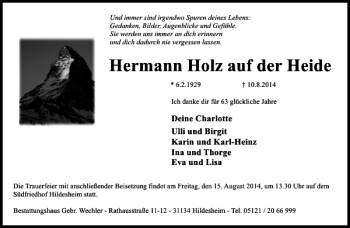 Traueranzeige von Hermann Holz der Heide von Hildesheimer Allgemeine Zeitung