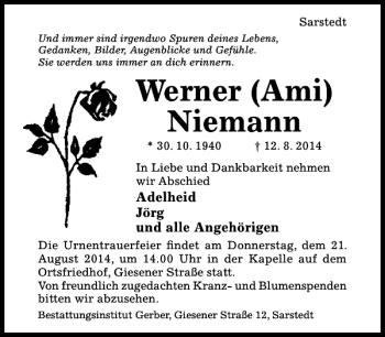 Traueranzeige von Werner Ami Niemann von Hildesheimer Allgemeine Zeitung