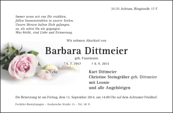 Traueranzeige von Barbara Dittmeier von Hildesheimer Allgemeine Zeitung