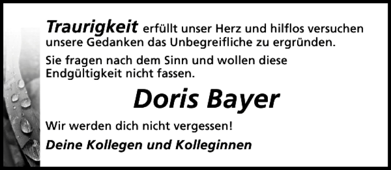  Traueranzeige für Doris Bayer vom 25.09.2014 aus Hildesheimer Allgemeine Zeitung