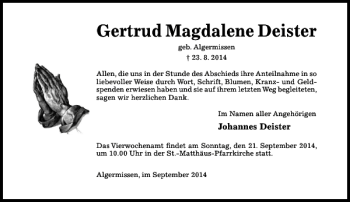 Traueranzeige von Gertrud Magdalene Deister von Hildesheimer Allgemeine Zeitung