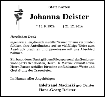 Traueranzeige von Johanna Deister von Hildesheimer Allgemeine Zeitung