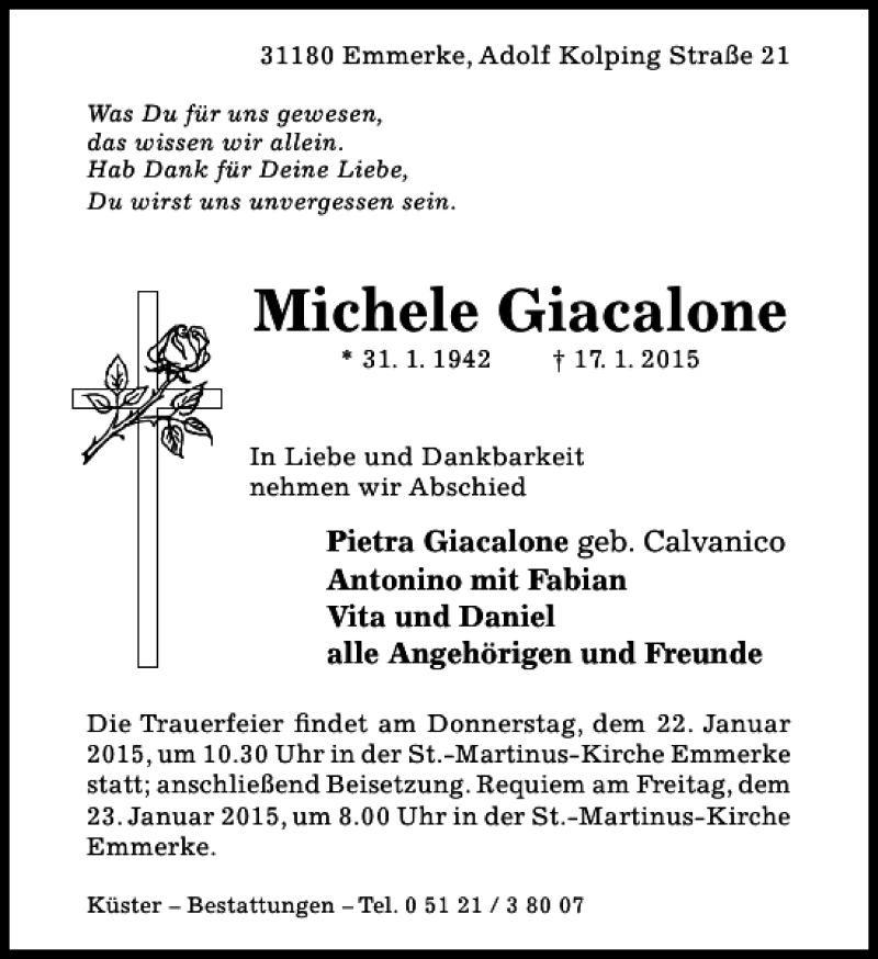 Traueranzeigen von Michele Giacalone Trauerportal Hildesheimer