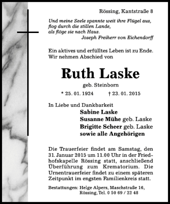 Traueranzeige von Ruth Laske von Hildesheimer Allgemeine Zeitung