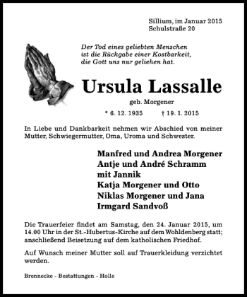 Traueranzeige von Ursula Lassalle von Hildesheimer Allgemeine Zeitung