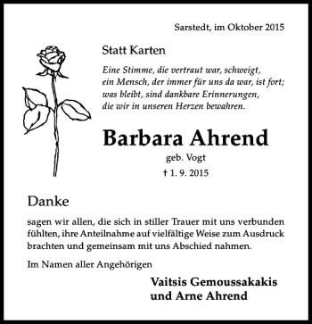 Traueranzeige von Barbara Ahrend von Hildesheimer Allgemeine Zeitung