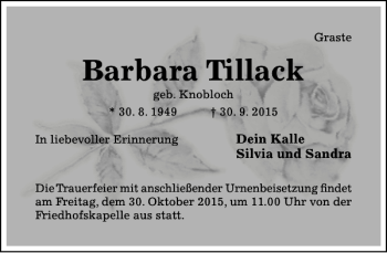 Traueranzeige von Barbara Tillack von Hildesheimer Allgemeine Zeitung