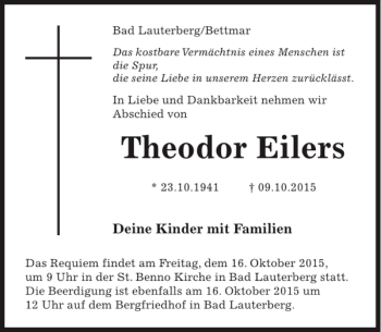 Traueranzeige von Theodor Eilers von Hildesheimer Allgemeine Zeitung
