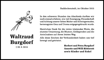 Traueranzeige von Waltraud Burgdorf von Hildesheimer Allgemeine Zeitung