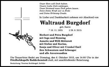 Traueranzeige von Waltraud Burgdorf von Hildesheimer Allgemeine Zeitung