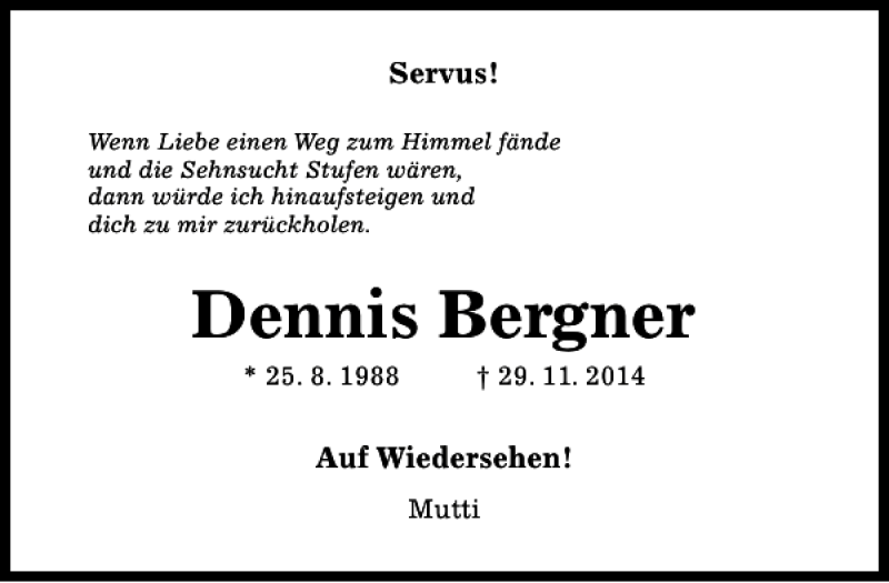  Traueranzeige für Dennis Bergner vom 28.11.2015 aus Hildesheimer Allgemeine Zeitung