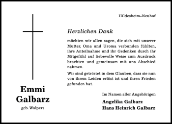 Traueranzeige von Emmi Galbarz von Hildesheimer Allgemeine Zeitung