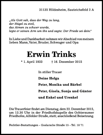Traueranzeige von Erwin Trinks von Hildesheimer Allgemeine Zeitung
