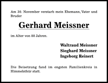 Traueranzeige von Gerhard Meissner von Hildesheimer Allgemeine Zeitung