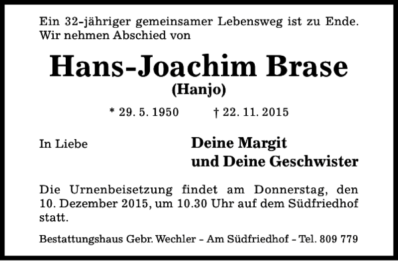  Traueranzeige für Hans-Joachim Brase vom 05.12.2015 aus Hildesheimer Allgemeine Zeitung