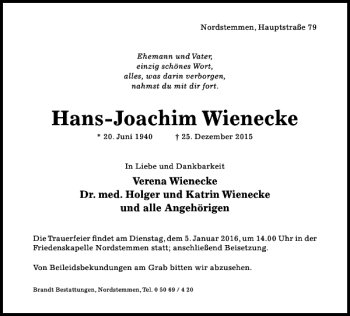 Traueranzeige von Hans-Joachim Wienecke von Hildesheimer Allgemeine Zeitung