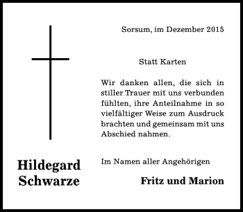 Traueranzeige von Hildegard Schwarze von Hildesheimer Allgemeine Zeitung