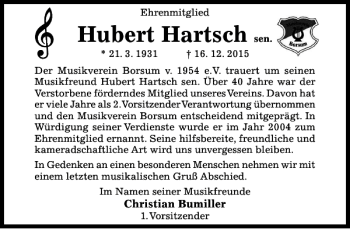 Traueranzeige von Hubert Hartsch von Hildesheimer Allgemeine Zeitung