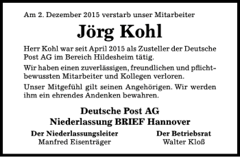 Traueranzeige von Jörg Kohl von Hildesheimer Allgemeine Zeitung