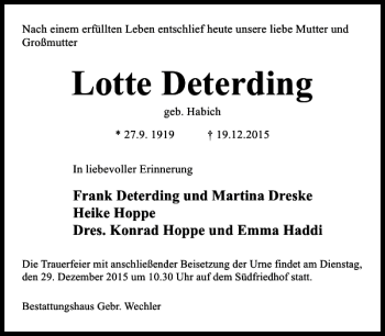 Traueranzeige von Lotte Deterding von Hildesheimer Allgemeine Zeitung