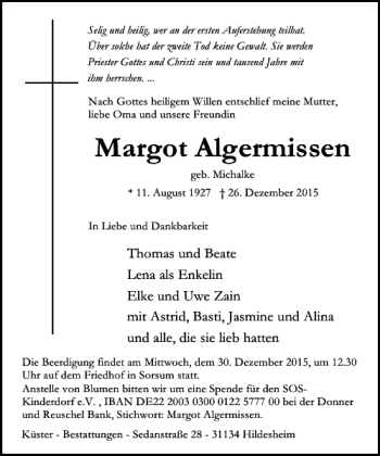Traueranzeige von Margot Algermissen von Hildesheimer Allgemeine Zeitung