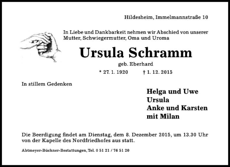 Traueranzeigen Von Ursula Schramm Trauerportal Hildesheimer Allgemeine Zeitung 