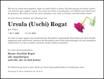 Traueranzeige von Ursula Uschi Rogat von Hildesheimer Allgemeine Zeitung