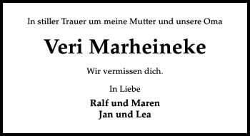 Traueranzeige von Veri Marheineke von Hildesheimer Allgemeine Zeitung