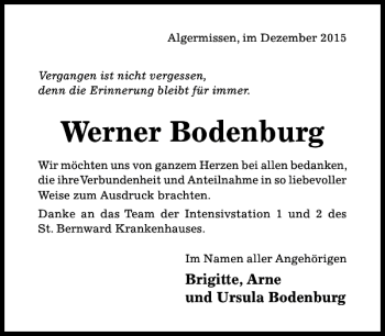 Traueranzeige von Werner Bodenburg von Hildesheimer Allgemeine Zeitung