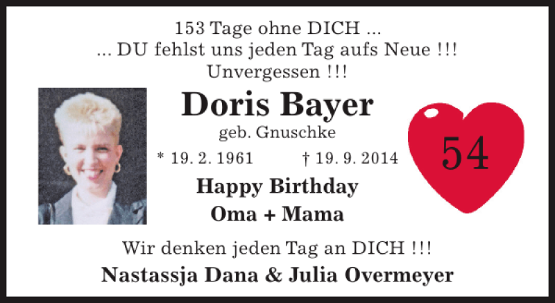  Traueranzeige für Doris Bayer vom 19.02.2015 aus Hildesheimer Allgemeine Zeitung