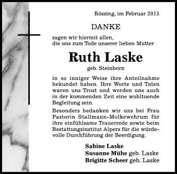 Traueranzeige von Ruth Laske von Hildesheimer Allgemeine Zeitung