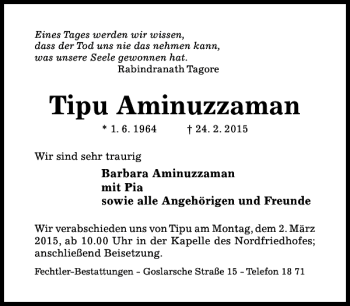 Traueranzeige von Tipu Aminuzzaman von Hildesheimer Allgemeine Zeitung