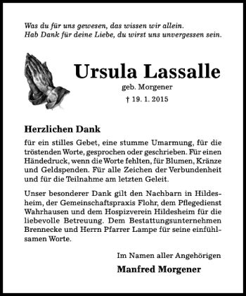 Traueranzeige von Ursula Lassalle von Hildesheimer Allgemeine Zeitung