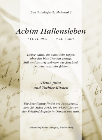 Traueranzeige von Achim Hallensleben von Hildesheimer Allgemeine Zeitung