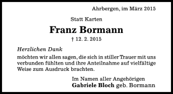 Traueranzeige von Franz Bormann von Hildesheimer Allgemeine Zeitung