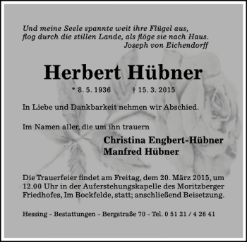 Traueranzeige von Herbert Hübner von Hildesheimer Allgemeine Zeitung