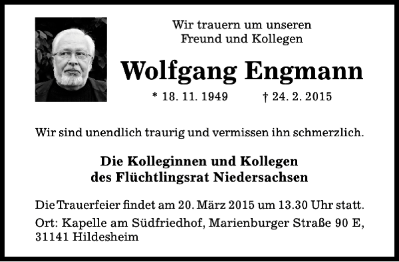  Traueranzeige für Wolfgang Engmann vom 14.03.2015 aus Hildesheimer Allgemeine Zeitung