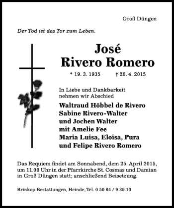 Traueranzeige von José Rivero Romero von Hildesheimer Allgemeine Zeitung