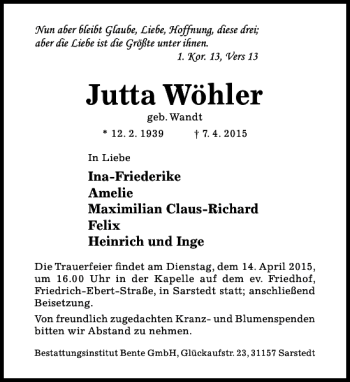 Traueranzeige von Jutta Wöhler von Hildesheimer Allgemeine Zeitung