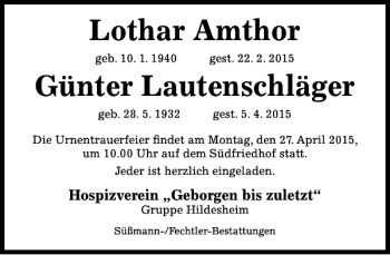 Traueranzeige von Lothar Amthor Günter Lautenschläger von Hildesheimer Allgemeine Zeitung