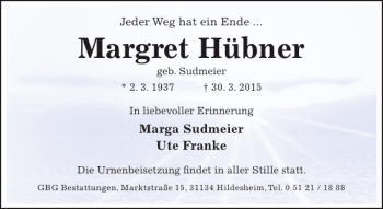 Traueranzeige von Margret Hübner von Hildesheimer Allgemeine Zeitung