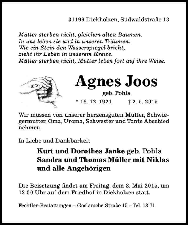 Traueranzeigen von Agnes Joos | Trauerportal Hildesheimer Allgemeine ...