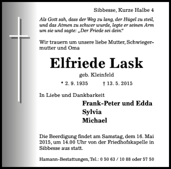 Traueranzeige von Elfriede Lask von Hildesheimer Allgemeine Zeitung