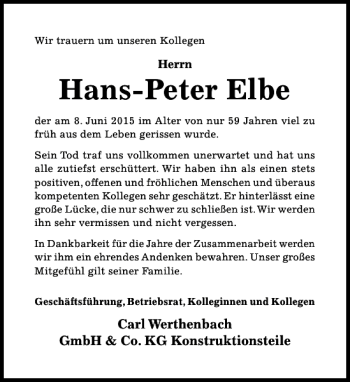 Traueranzeige von Hans-Peter Elbe von Hildesheimer Allgemeine Zeitung